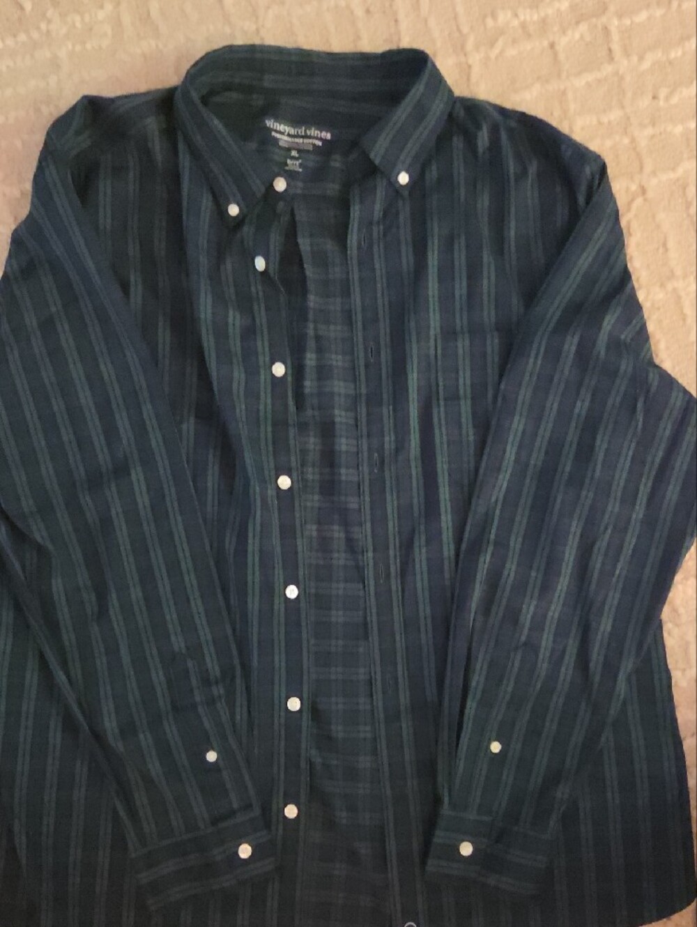 Vineyard Vines Navy and Green Plaid Performance Cotton Button-Down Shirt, XL - Picture 4 of 4